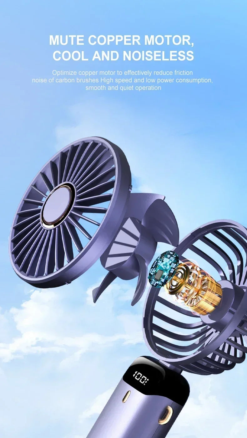 Portable Handheld Mini Fan 3000mAh Foldable Neck Hanging Fans 5 Speed Adjust USB Charge Fan with Phone Stand and Display Screen