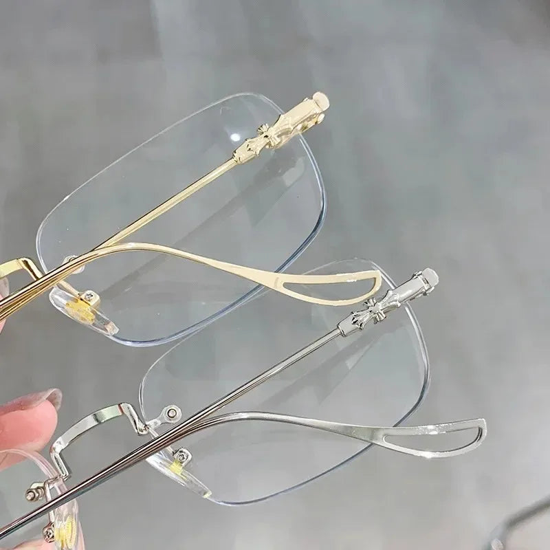 Blue Light Blocking Glasses Square Rimless Eyeglasses for Women Men Designer Retro Shade Eyewear UV400 Silver Computer Glasses