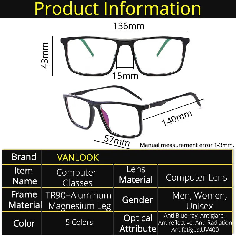 Blue Light Blocking Computer Glasses Women Men Big Square TR90 Aluminum Magnesium Eyewear Frame For Prescription Spectacle UV400