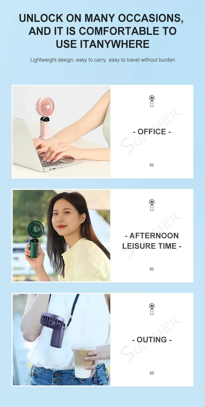 Portable Handheld Mini Fan Foldable Neck Hanging Fans 5 Speed USB Rechargeable Fan with Phone Stand and Display Screen 1800mAh