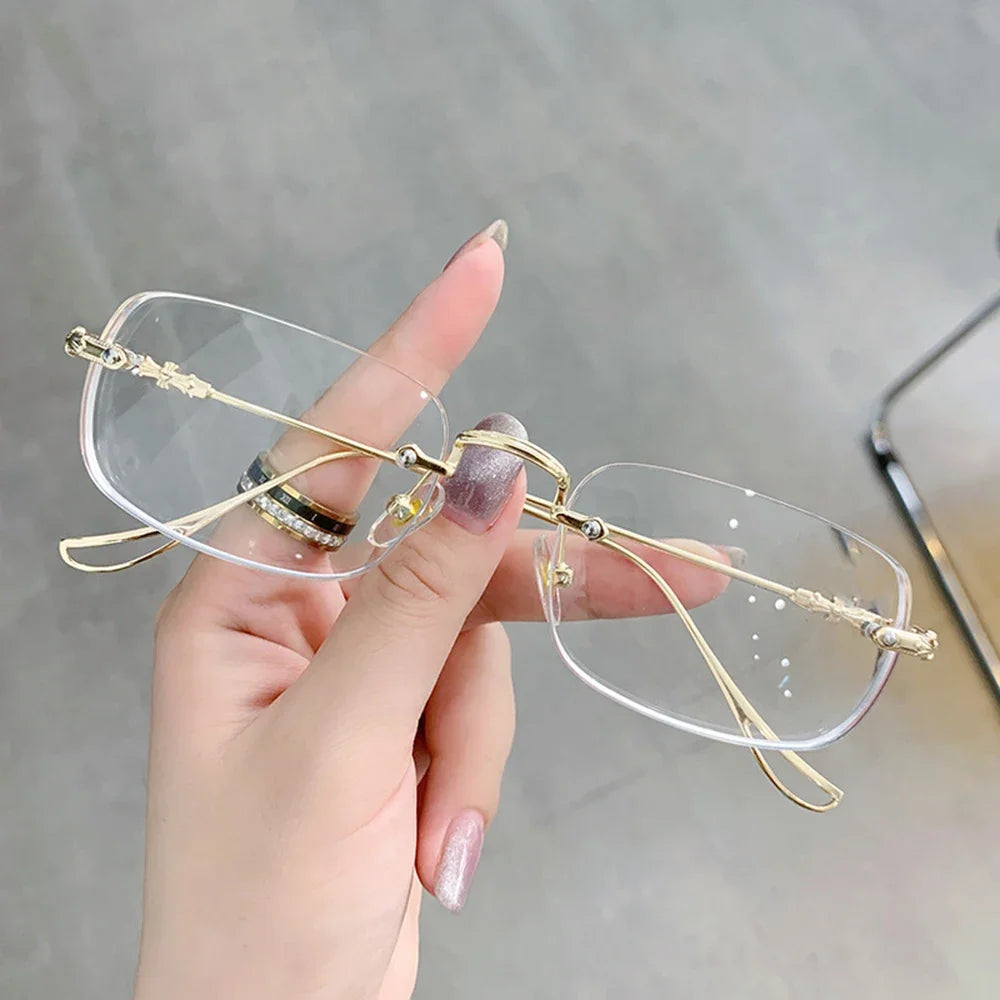 Blue Light Blocking Glasses Square Rimless Eyeglasses for Women Men Designer Retro Shade Eyewear UV400 Silver Computer Glasses