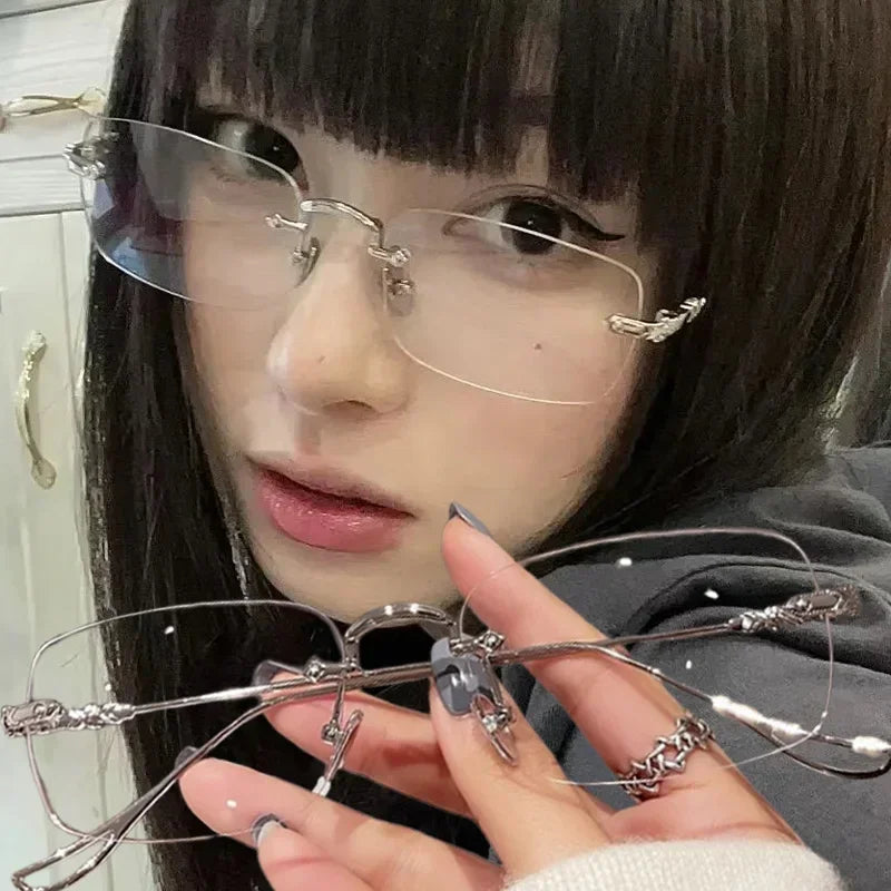 Blue Light Blocking Glasses Square Rimless Eyeglasses for Women Men Designer Retro Shade Eyewear UV400 Silver Computer Glasses