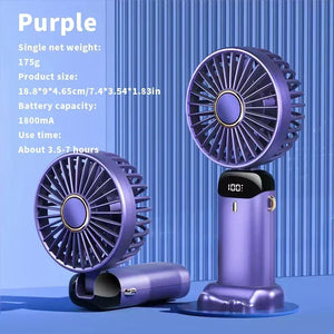 Portable Handheld Mini Fan 3000mAh Foldable Neck Hanging Fans 5 Speed Adjust USB Charge Fan with Phone Stand and Display Screen
