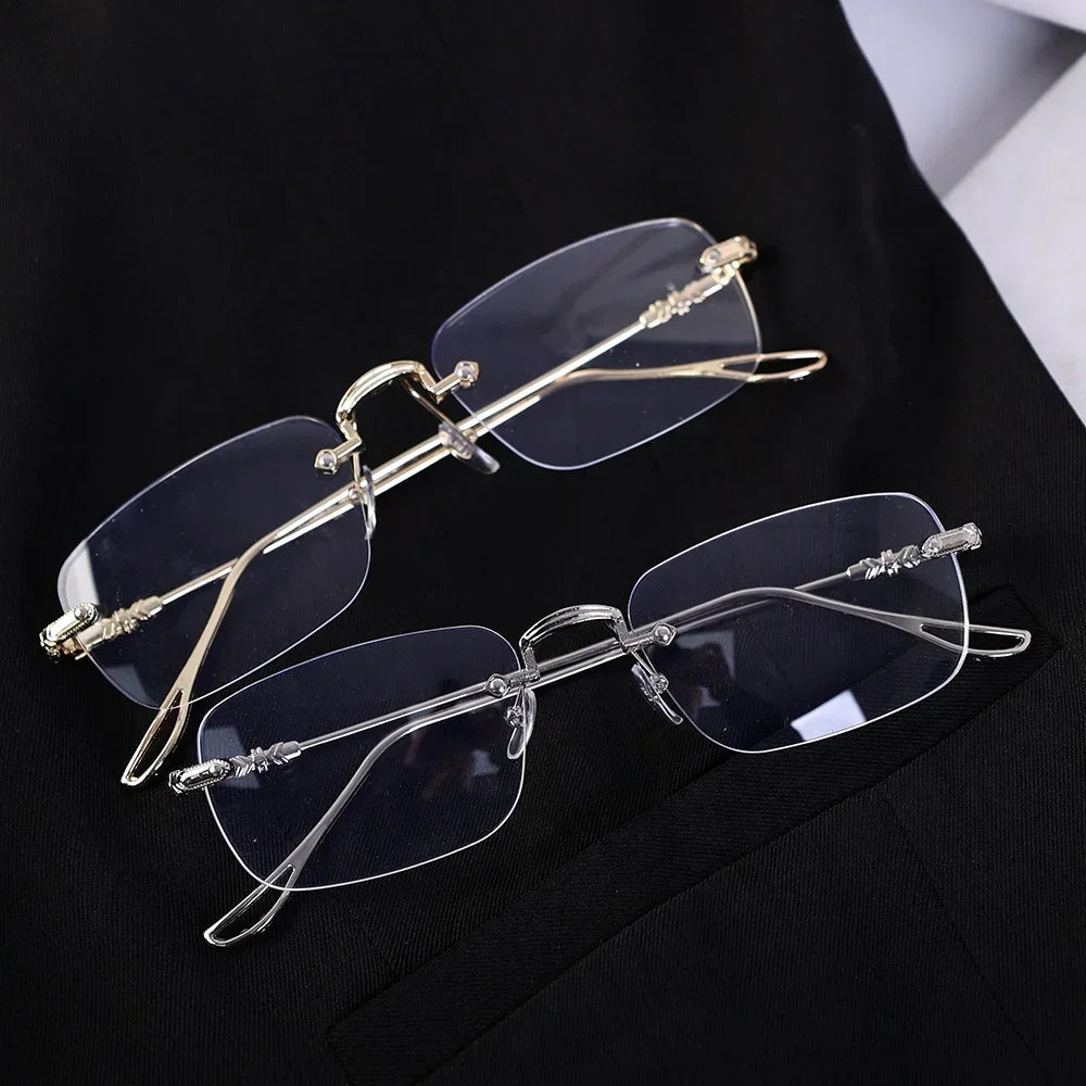 Blue Light Blocking Glasses Square Rimless Eyeglasses for Women Men Designer Retro Shade Eyewear UV400 Silver Computer Glasses