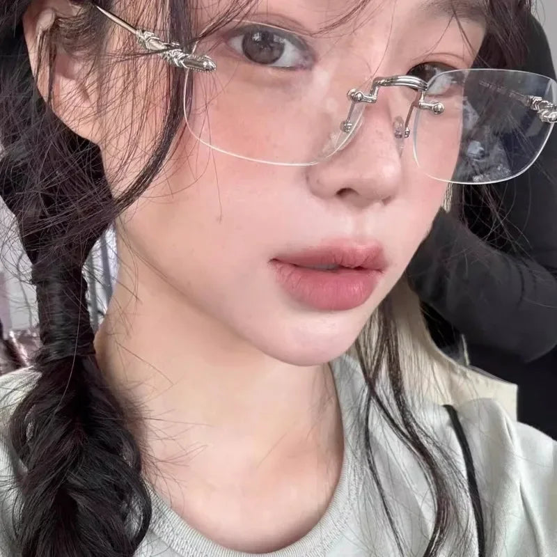Square Rimless Eyeglasses Women Men Blue Light Blocking Glasses Designer Retro Shade Eyewear UV400 Silver Computer Glasses
