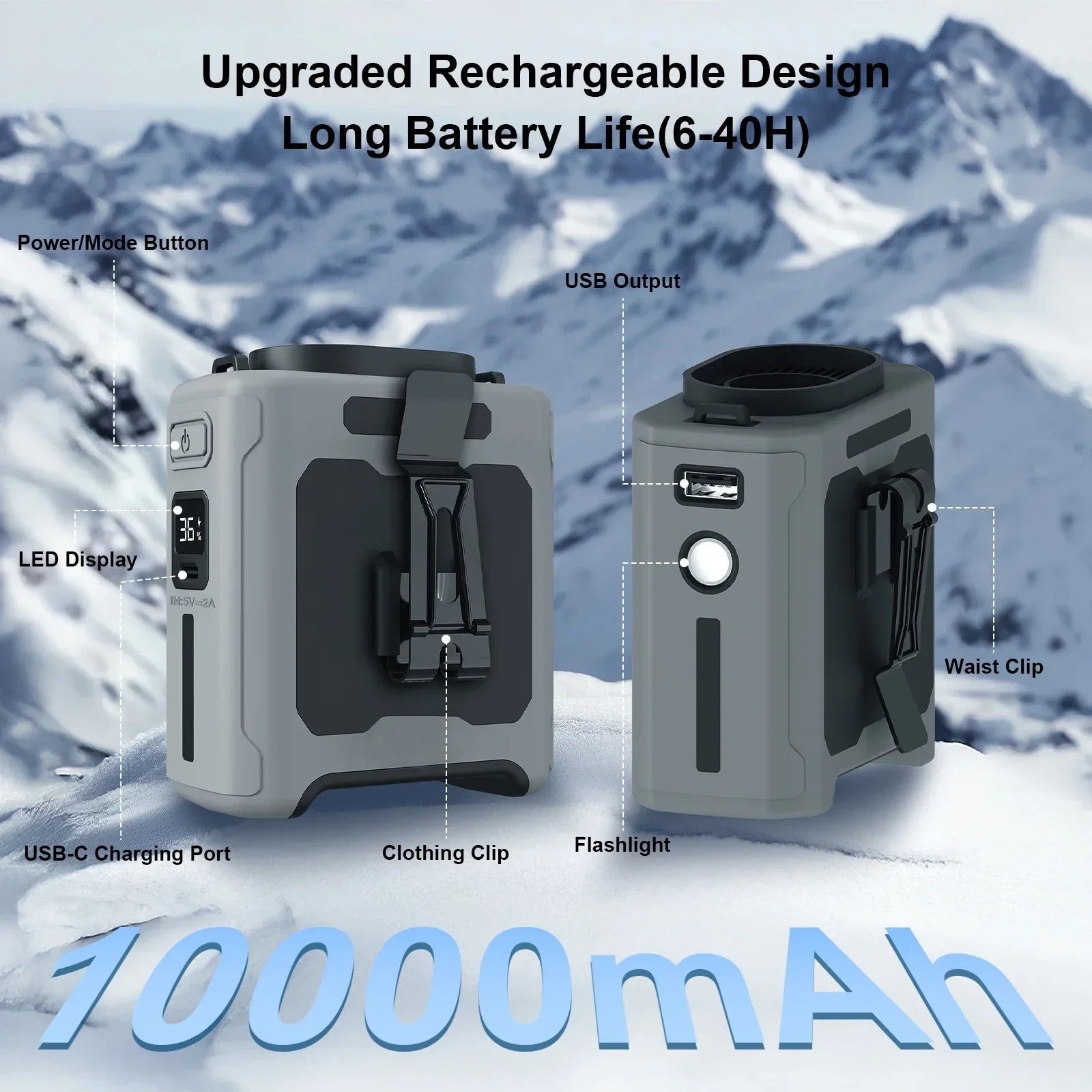 Portable Waist Fan 10000mAh with Power Bank LED Lighting Hanging Neck Fan 5 Speed Strong Airflow Cooling Fan for Outdoor Working