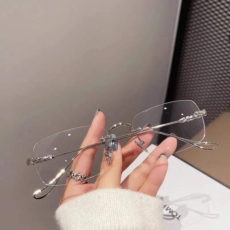 Blue Light Blocking Glasses Square Rimless Eyeglasses for Women Men Designer Retro Shade Eyewear UV400 Silver Computer Glasses
