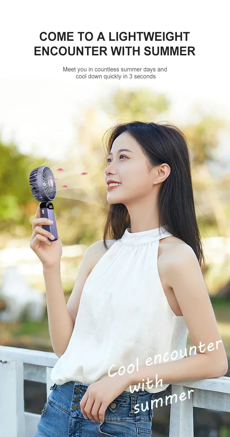 Portable Handheld Mini Fan 3000mAh Foldable Neck Hanging Fans 5 Speed Adjust USB Charge Fan with Phone Stand and Display Screen