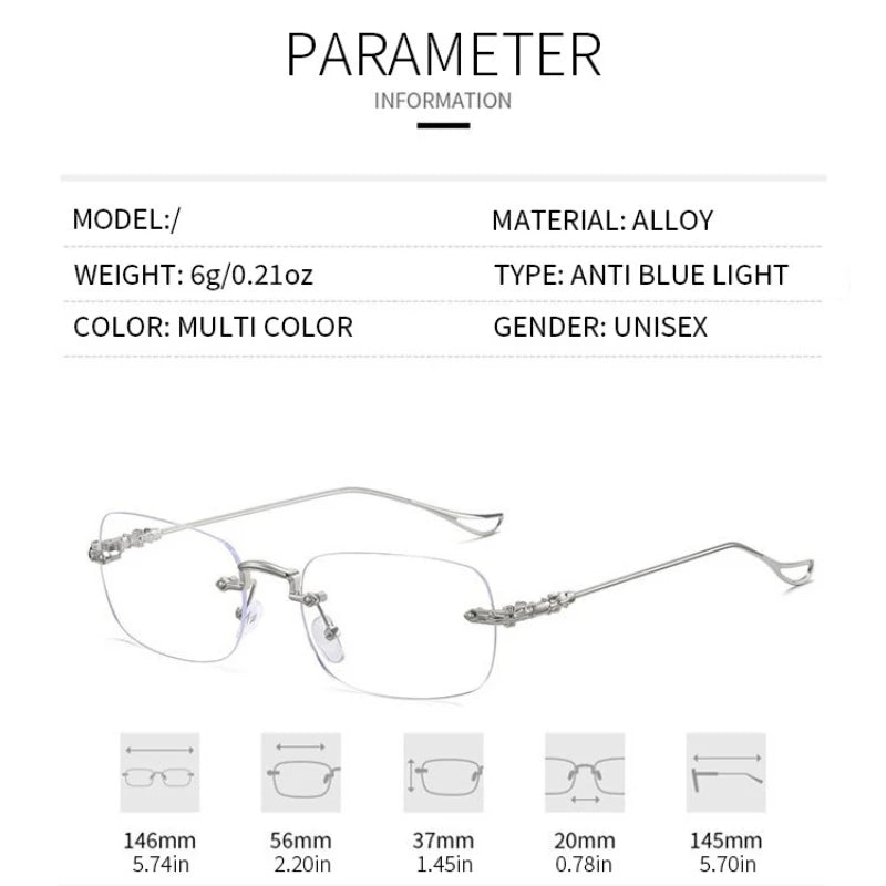 Square Rimless Eyeglasses Women Men Blue Light Blocking Glasses Designer Retro Shade Eyewear UV400 Silver Computer Glasses