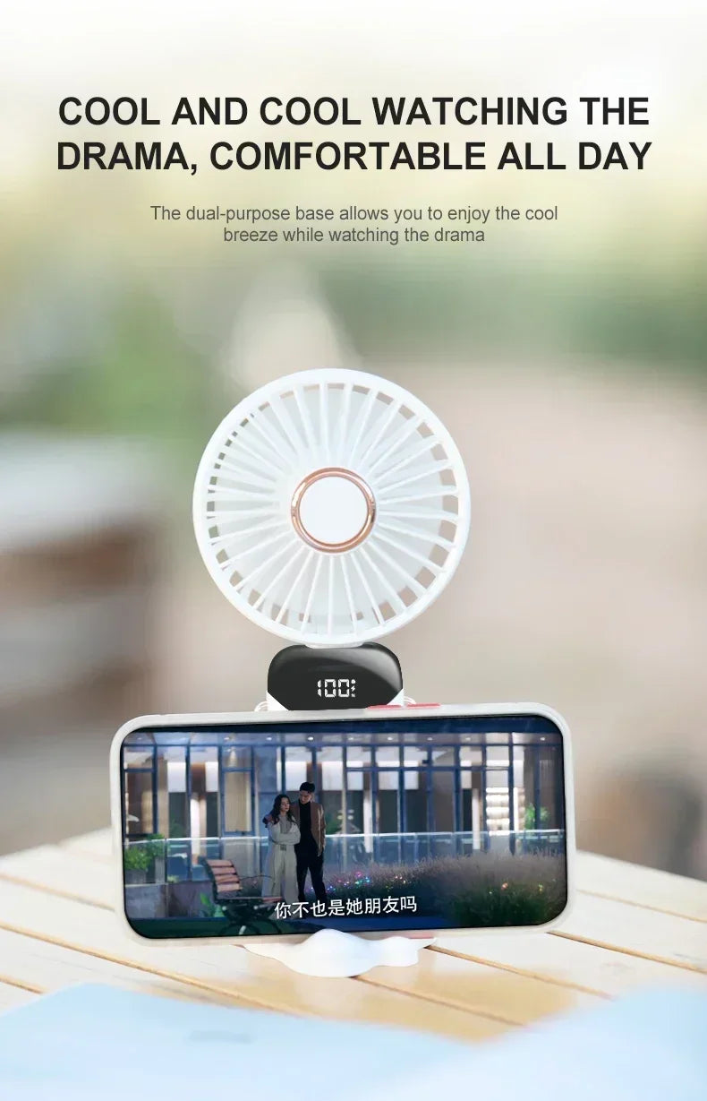 Portable Handheld Mini Fan 3000mAh Foldable Neck Hanging Fans 5 Speed Adjust USB Charge Fan with Phone Stand and Display Screen