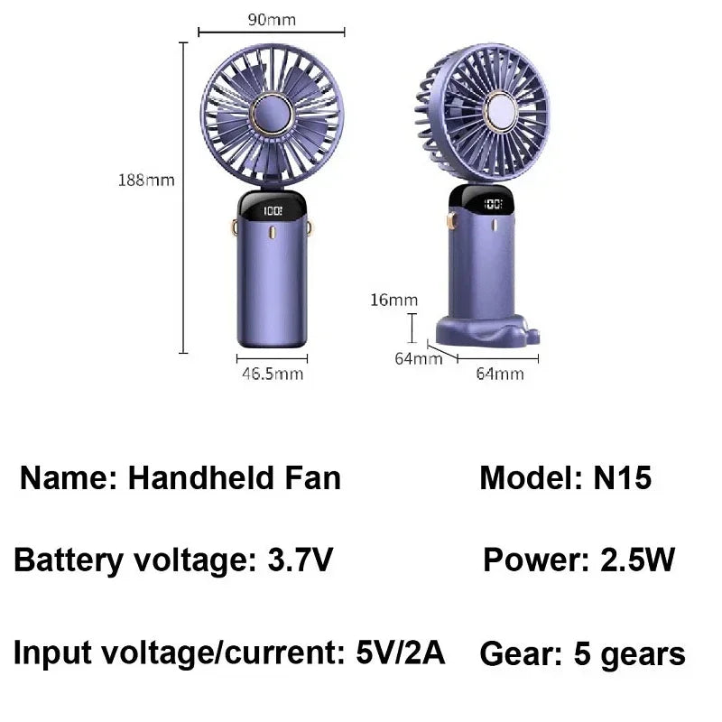 Portable Handheld Mini Fan 3000mAh Foldable Neck Hanging Fans 5 Speed Adjust USB Charge Fan with Phone Stand and Display Screen