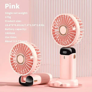 Portable Handheld Mini Fan 3000mAh Foldable Neck Hanging Fans 5 Speed Adjust USB Charge Fan with Phone Stand and Display Screen