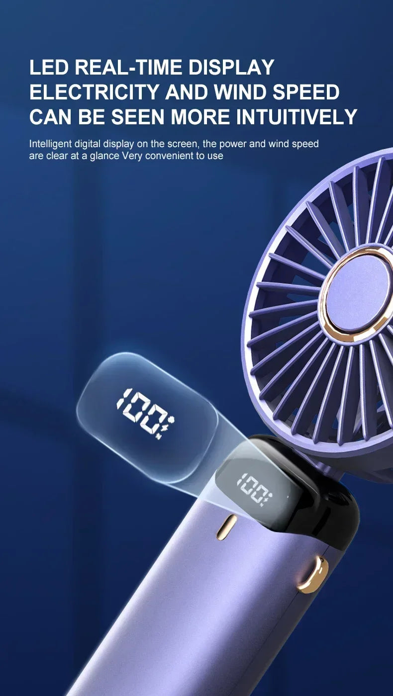 Portable Handheld Mini Fan 3000mAh Foldable Neck Hanging Fans 5 Speed Adjust USB Charge Fan with Phone Stand and Display Screen
