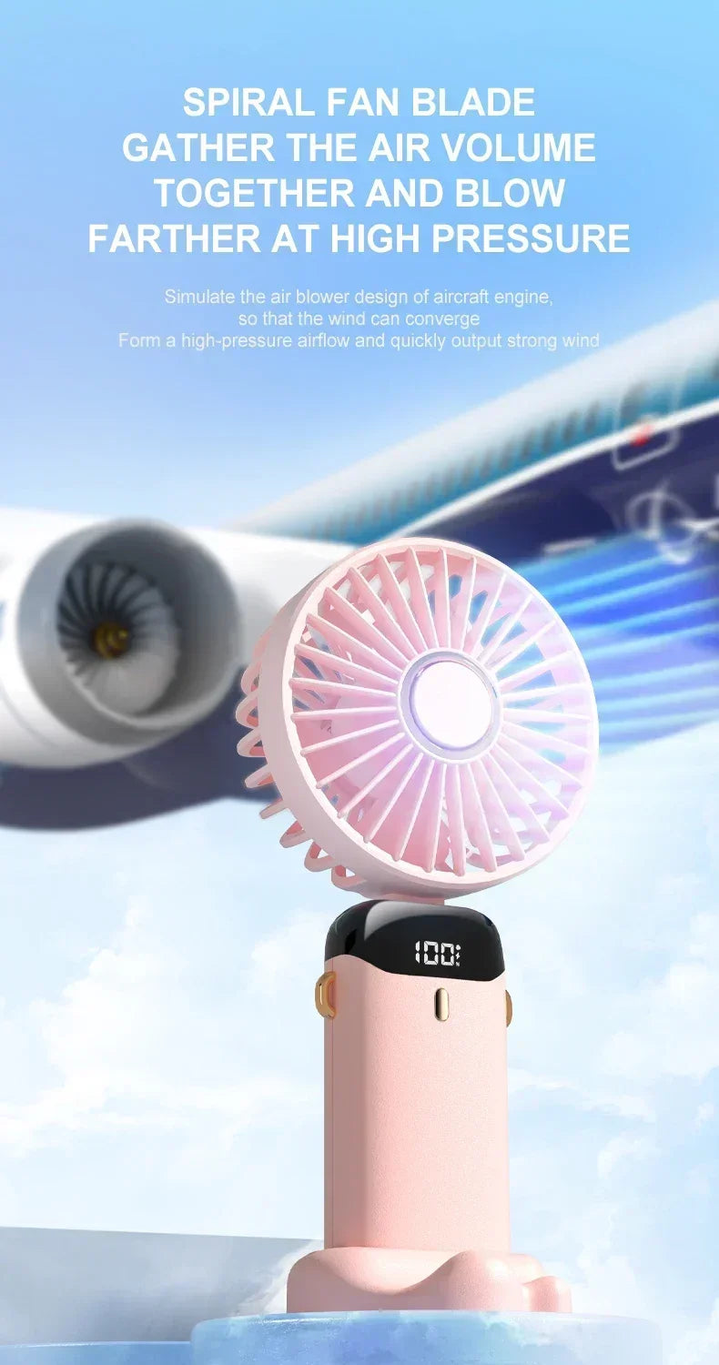 Portable Handheld Mini Fan 3000mAh Foldable Neck Hanging Fans 5 Speed Adjust USB Charge Fan with Phone Stand and Display Screen